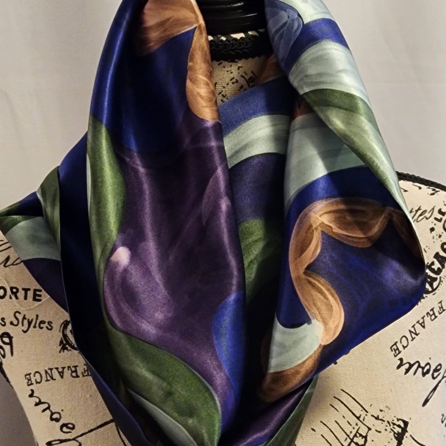 royal blue with soft forest green waves silk scarf, brush strokes pattern