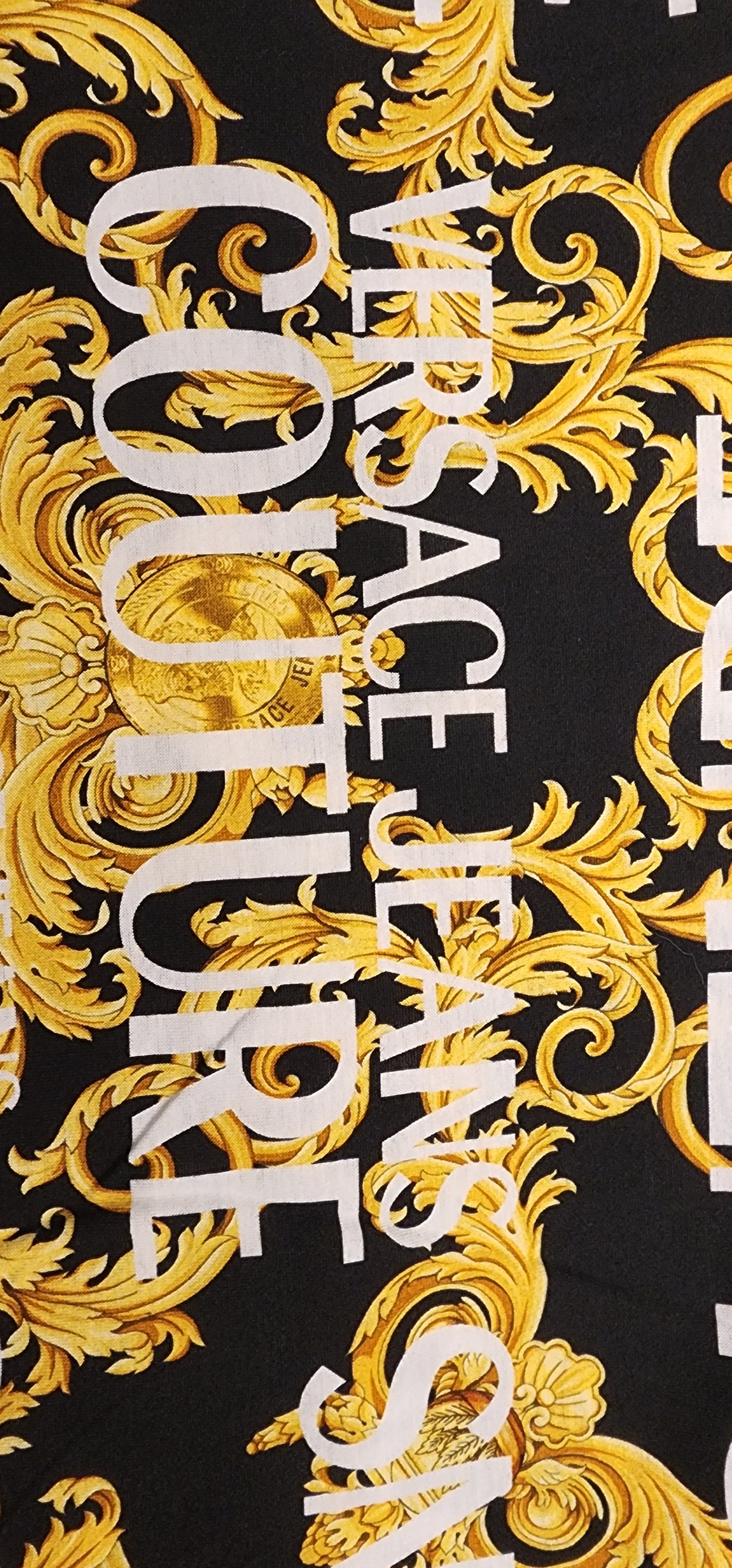 Versace gold baroque - made from labeled jeans couture cotton fabric -cotton scarf close up