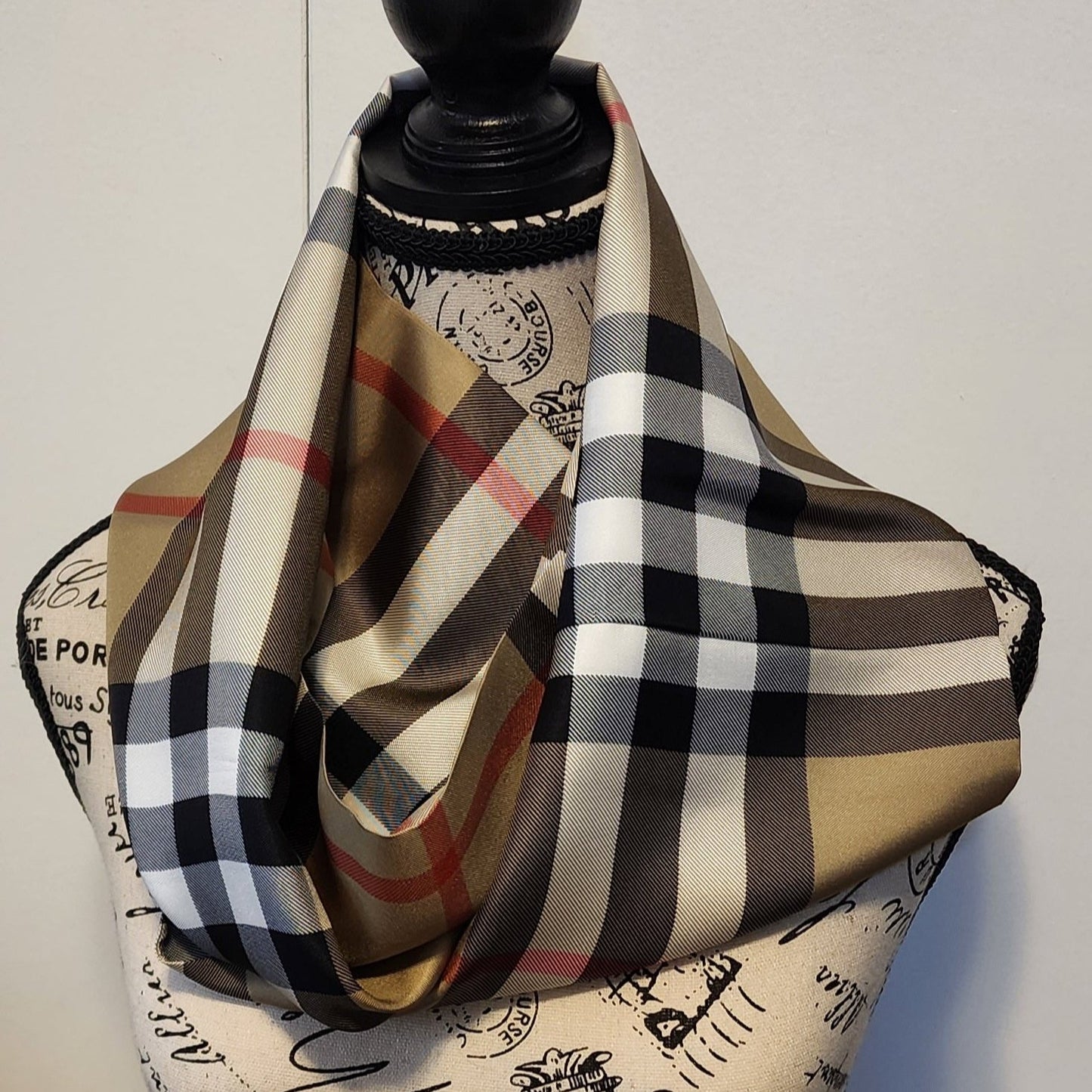 Burberry tan plaid silk infinity scarf wrapped twice