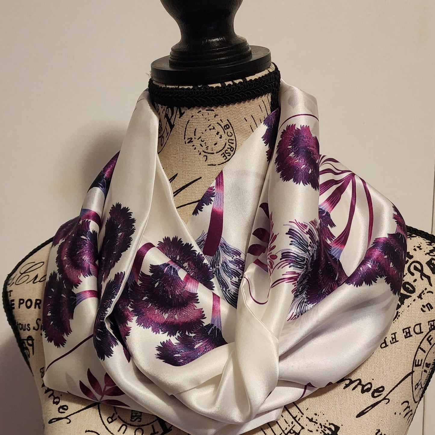 white and purple floral silk scarf