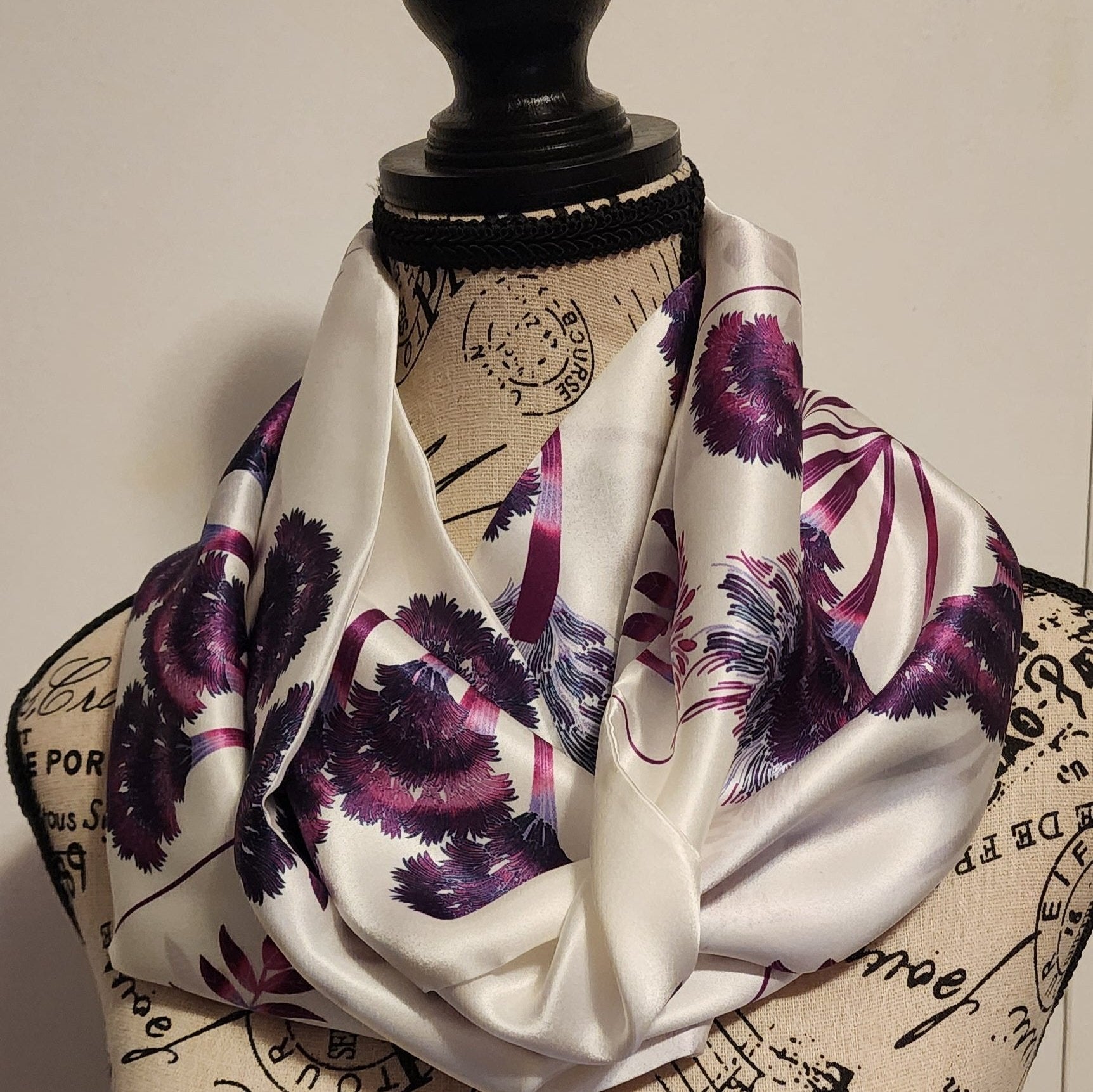white and purple floral silk scarf