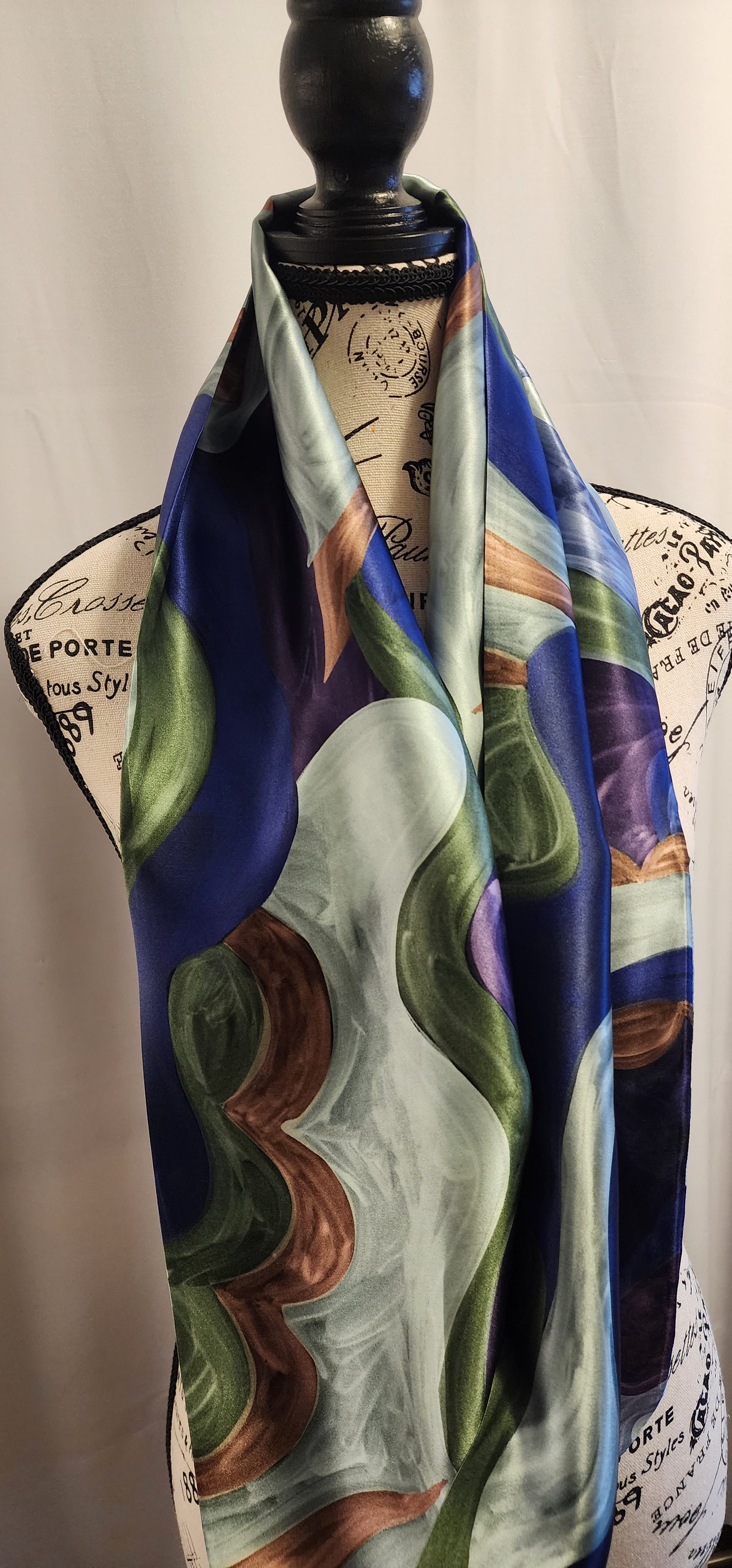 royal blue with soft forest green waves silk scarf, brush strokes pattern