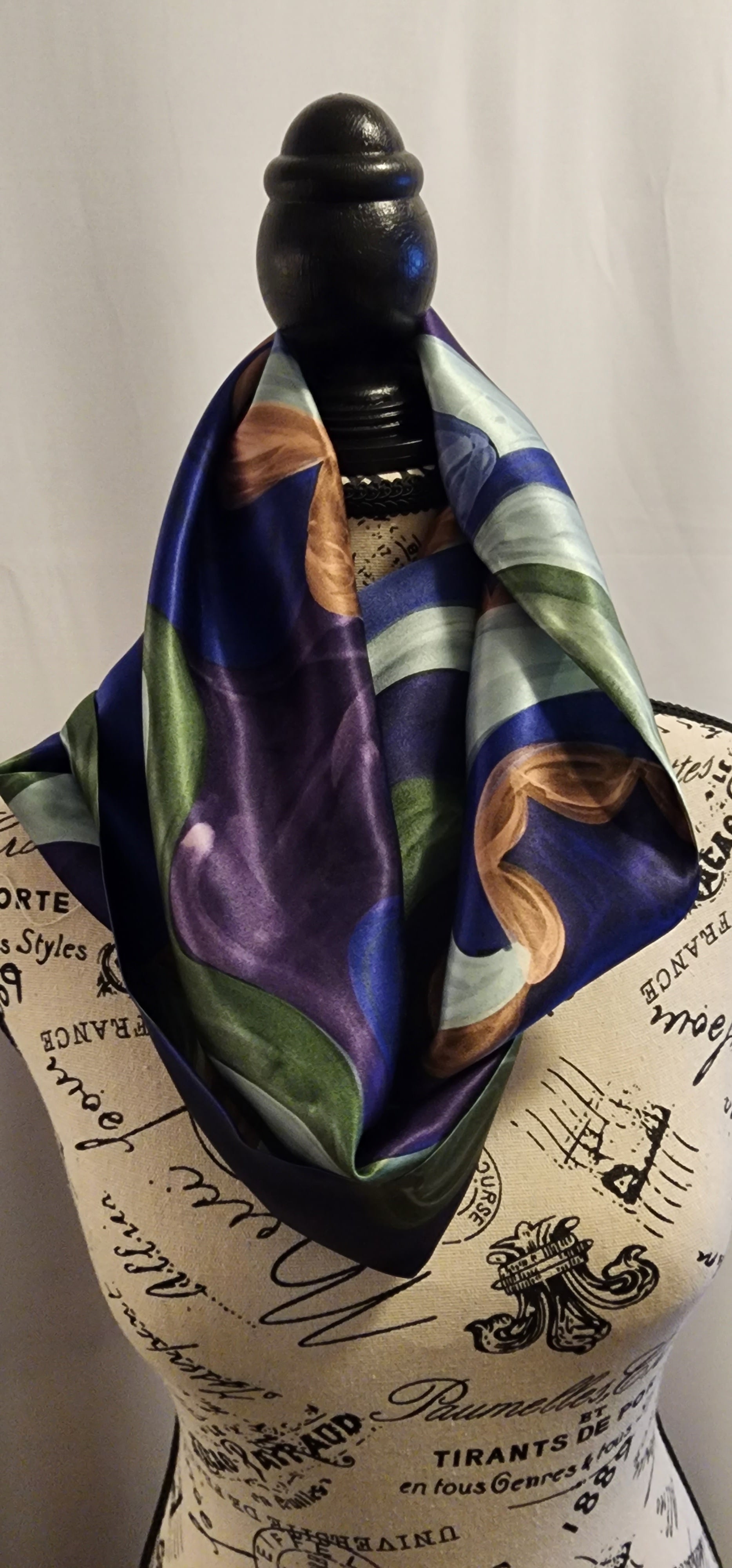 royal blue with soft forest green waves silk scarf, brush strokes pattern