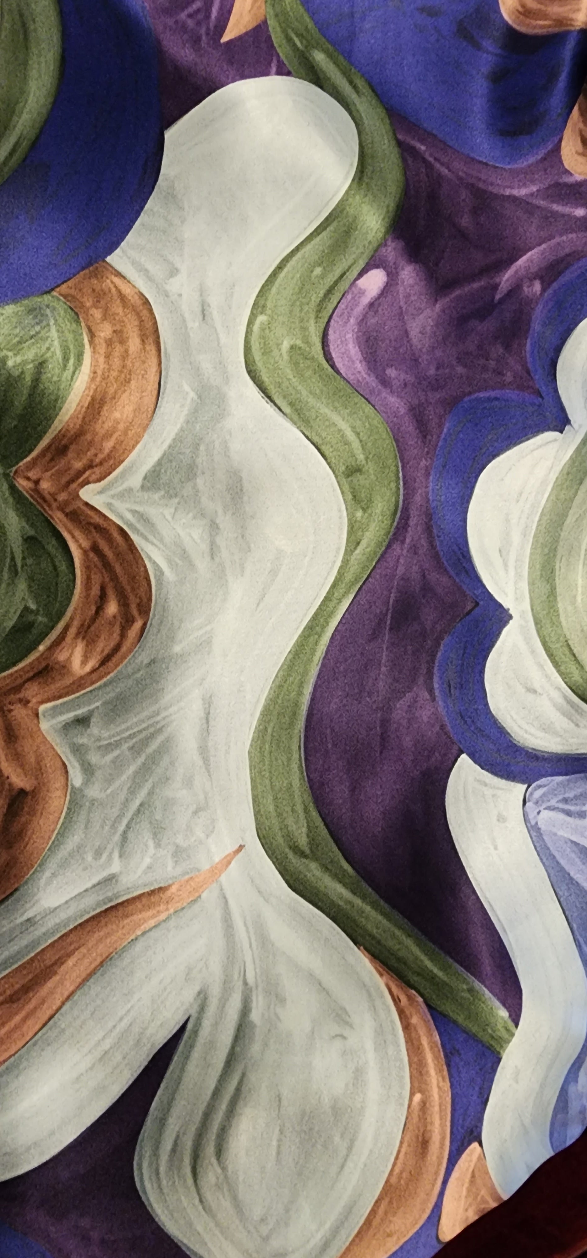 royal blue with soft forest green waves silk scarf, with deep purple andbrush strokes pattern