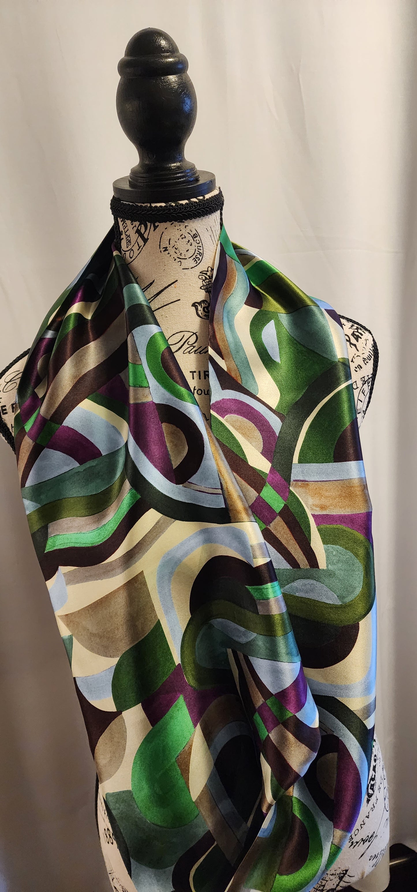 Silk Scarf in Purple/Green Geometric