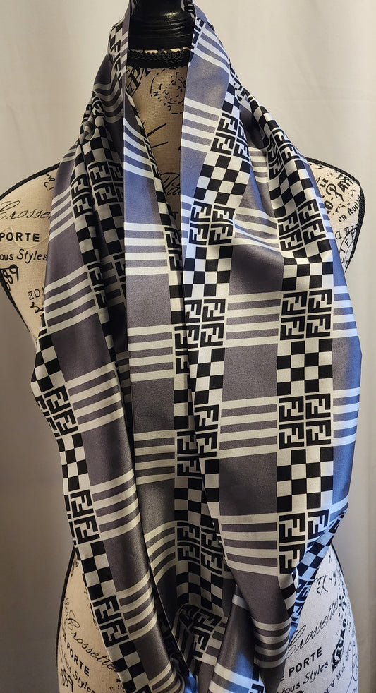 Fendi Silk scarf with Grey, checkerboard black and white stripes infinity style scarf