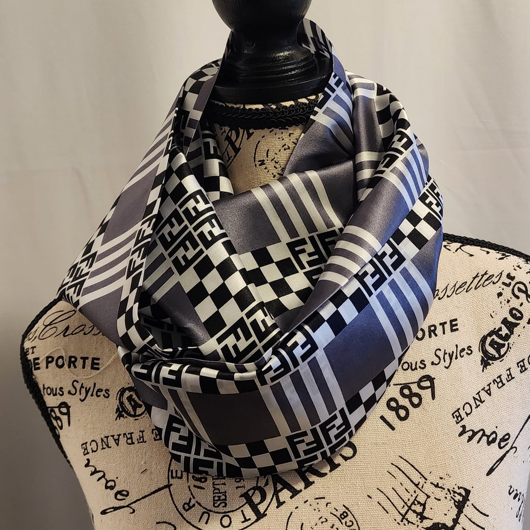 Silk Scarf Designer Stripe and Checkerboard