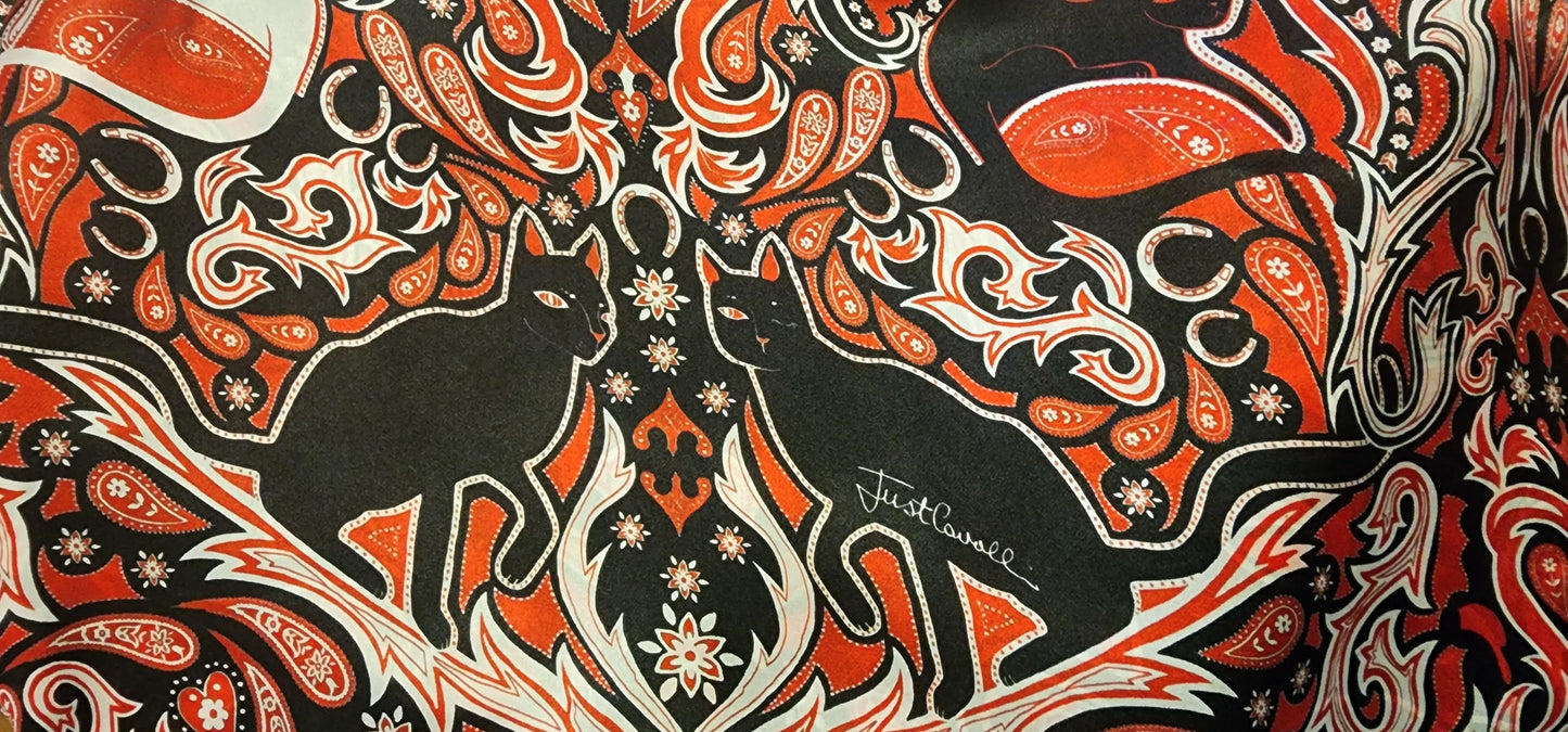 Cavelli silk scarf in black white and red with cats and paisley pattern, authentic designer scarf in 100% silk