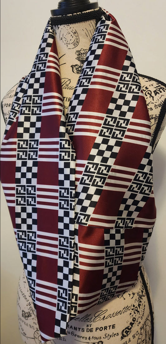 Fendi silk burgundy checkerboard stripe scarf, infinity style