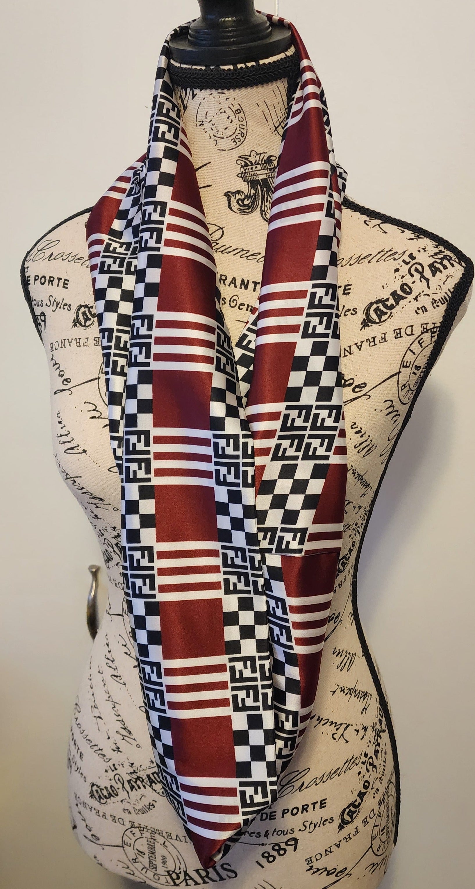 Fendi silk burgundy checkerboard stripe scarf, infinity style