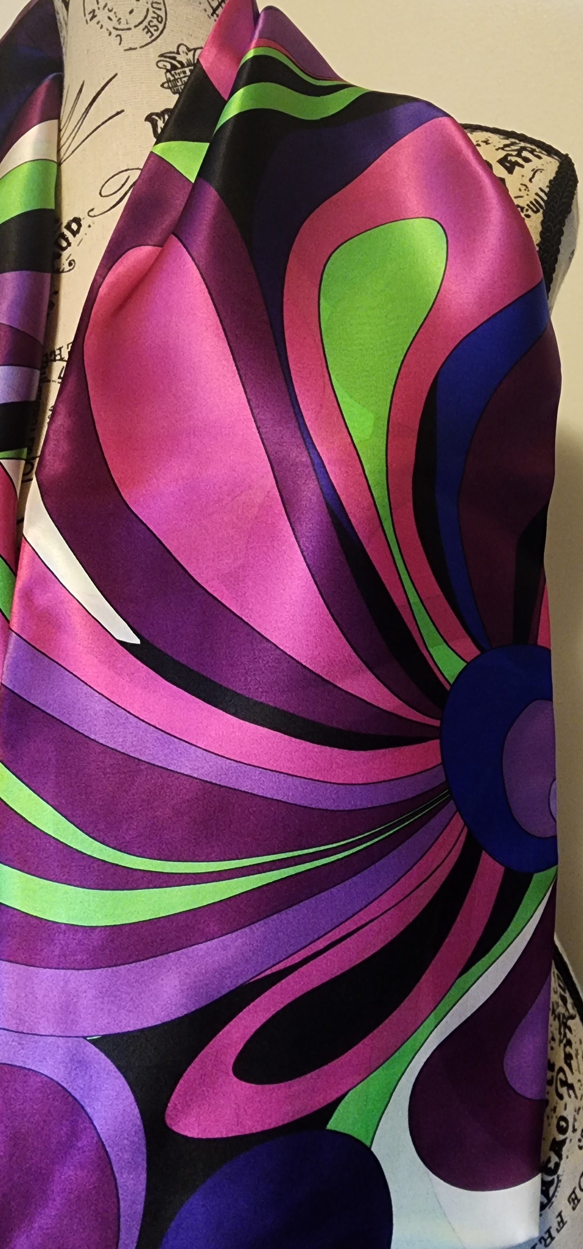 Purple, magenta, pink swirl floral pattern silk scarf with a Pucci influence