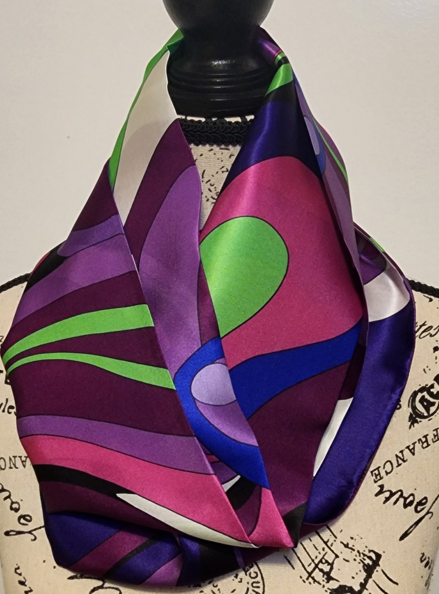 Purple, magenta, pink swirl floral pattern silk scarf with a Pucci influence, infinity scarf