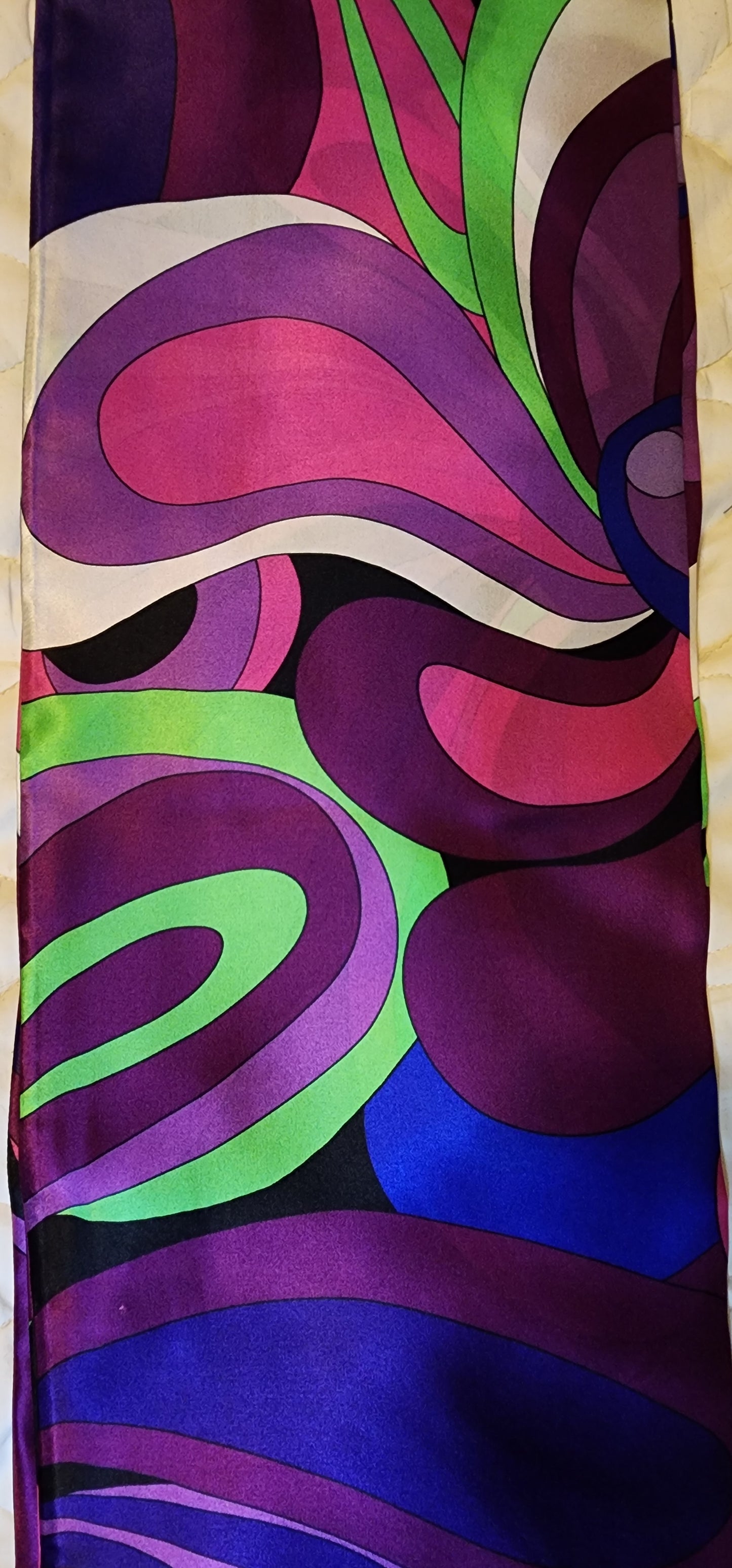 Purple, magenta, pink swirl floral pattern silk scarf with a Pucci influence