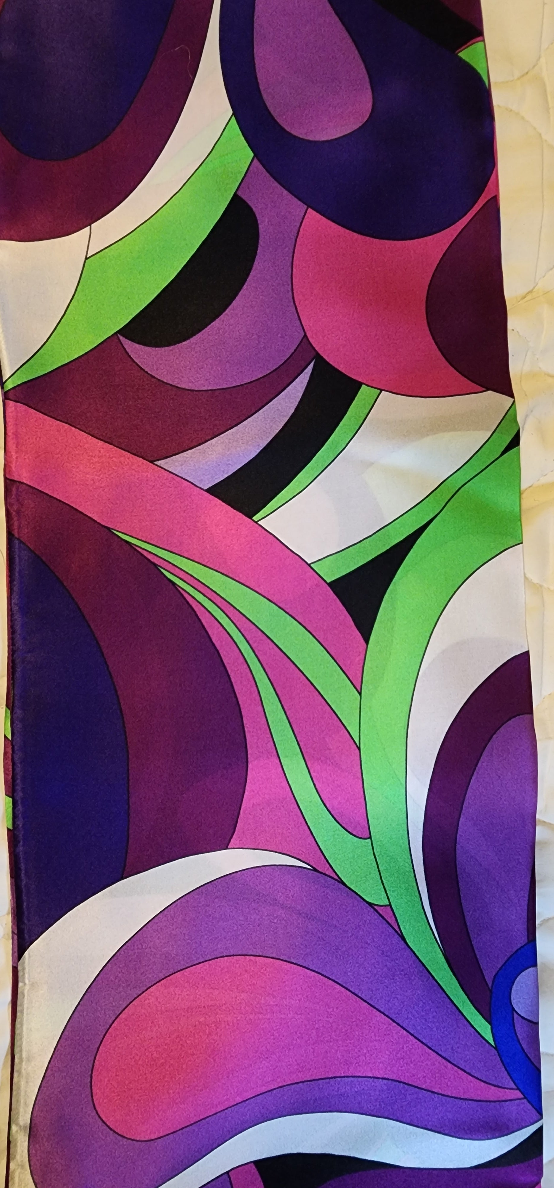 Purple, magenta, pink swirl floral pattern silk scarf with a Pucci influence