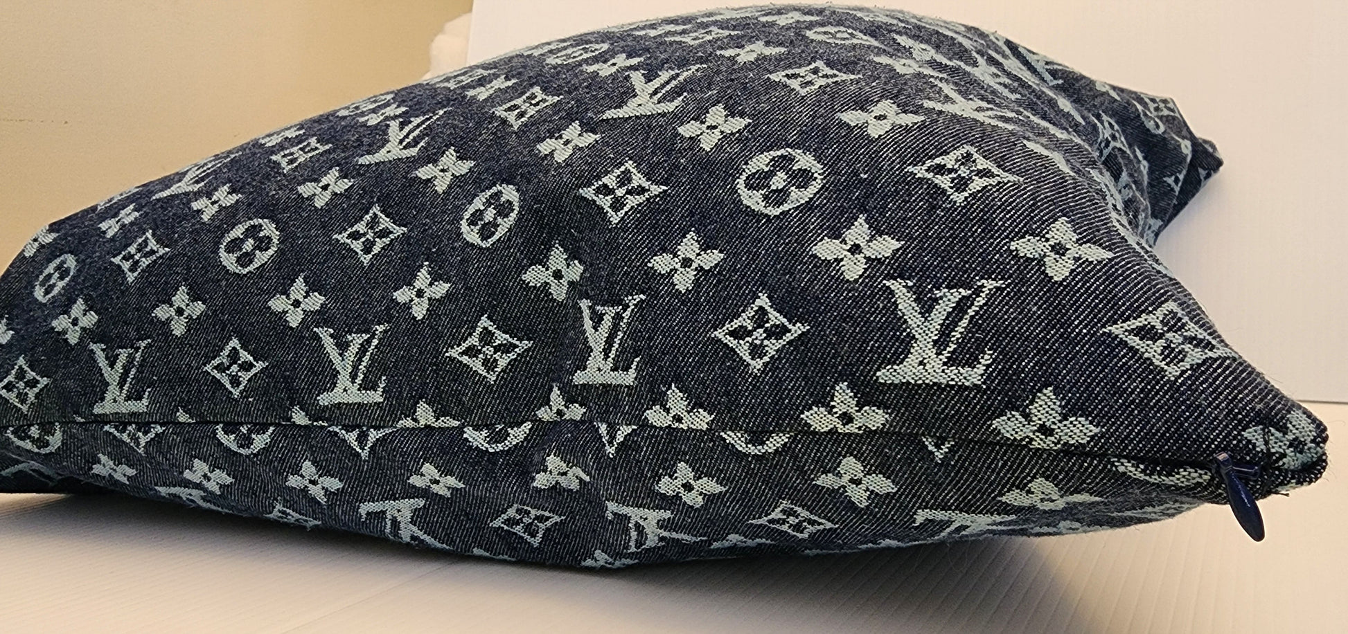 Designer denim pillow covers, handmade, zipper opening, easy care 100% cotton designer logo denim