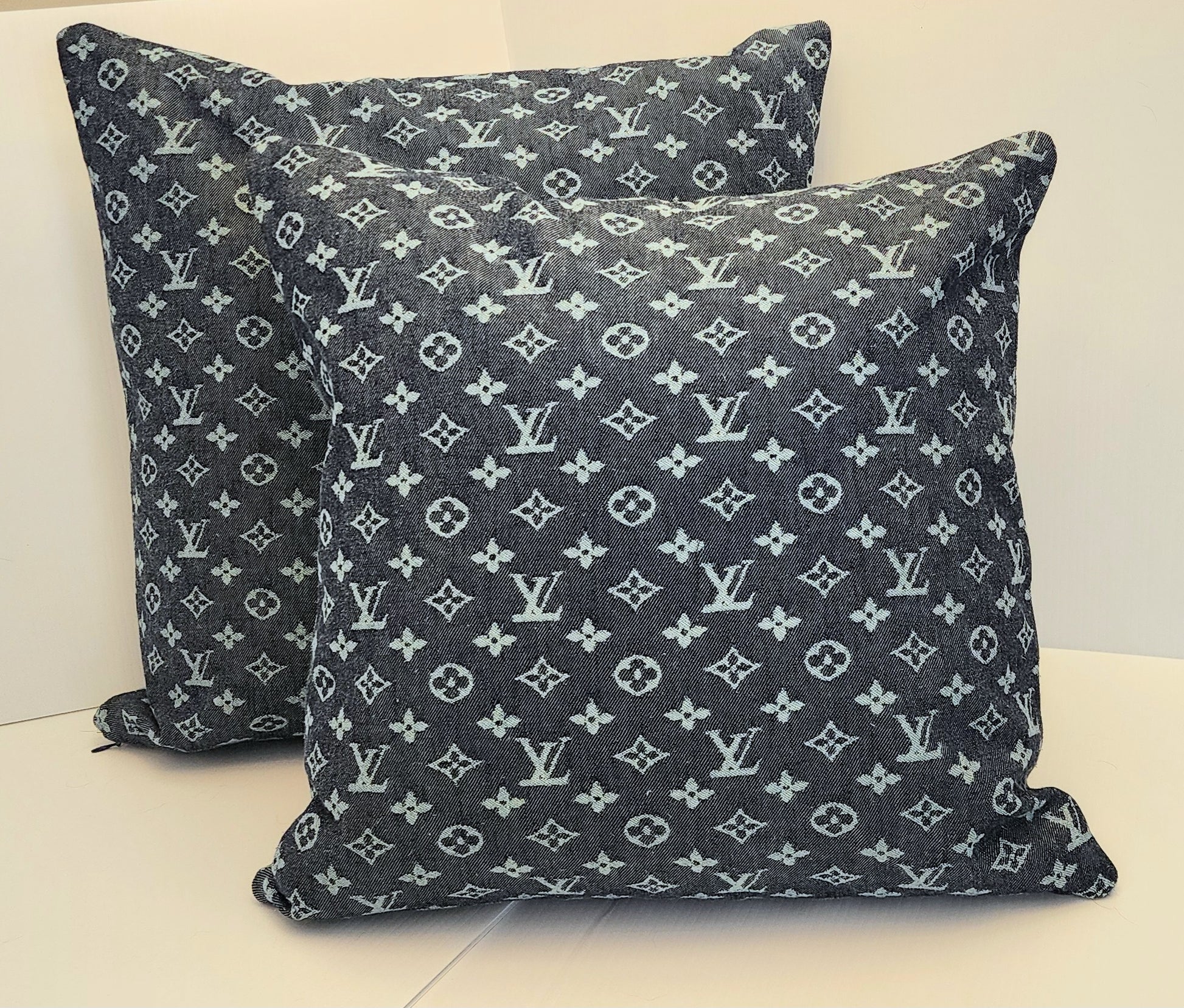 Designer denim pillow covers, handmade, zipper opening, easy care 100% cotton designer logo denim