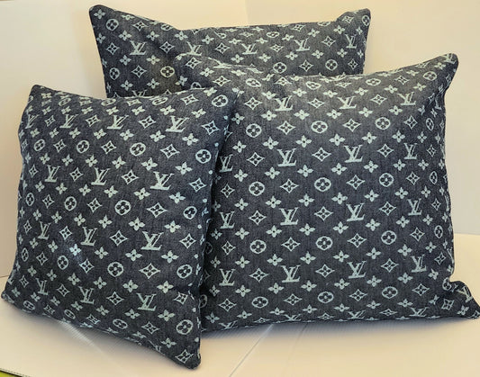 Designer denim pillow covers, handmade, zipper opening, easy care 100% cotton designer logo denim