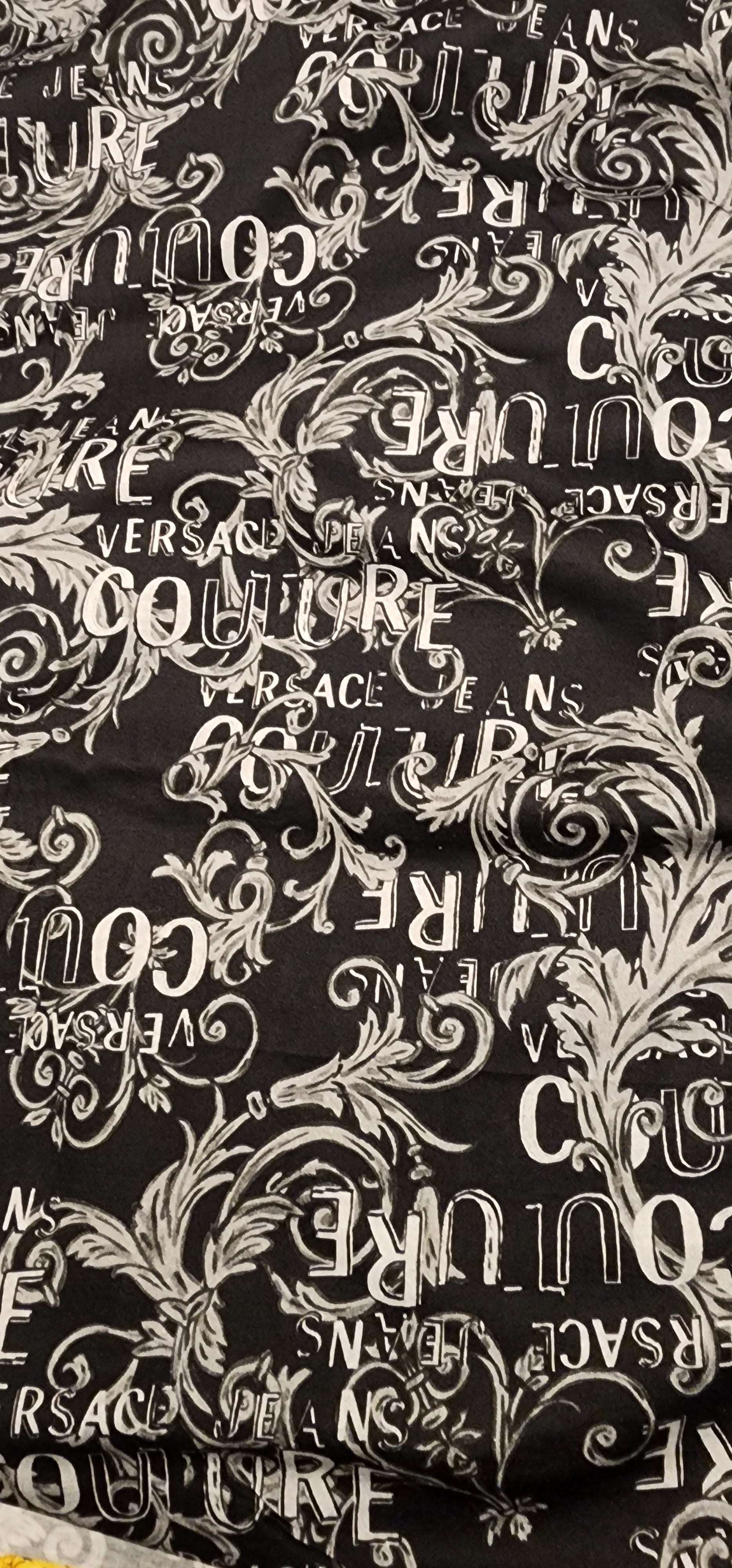 Versace Baroque scarf in black and grey cotton close up of print