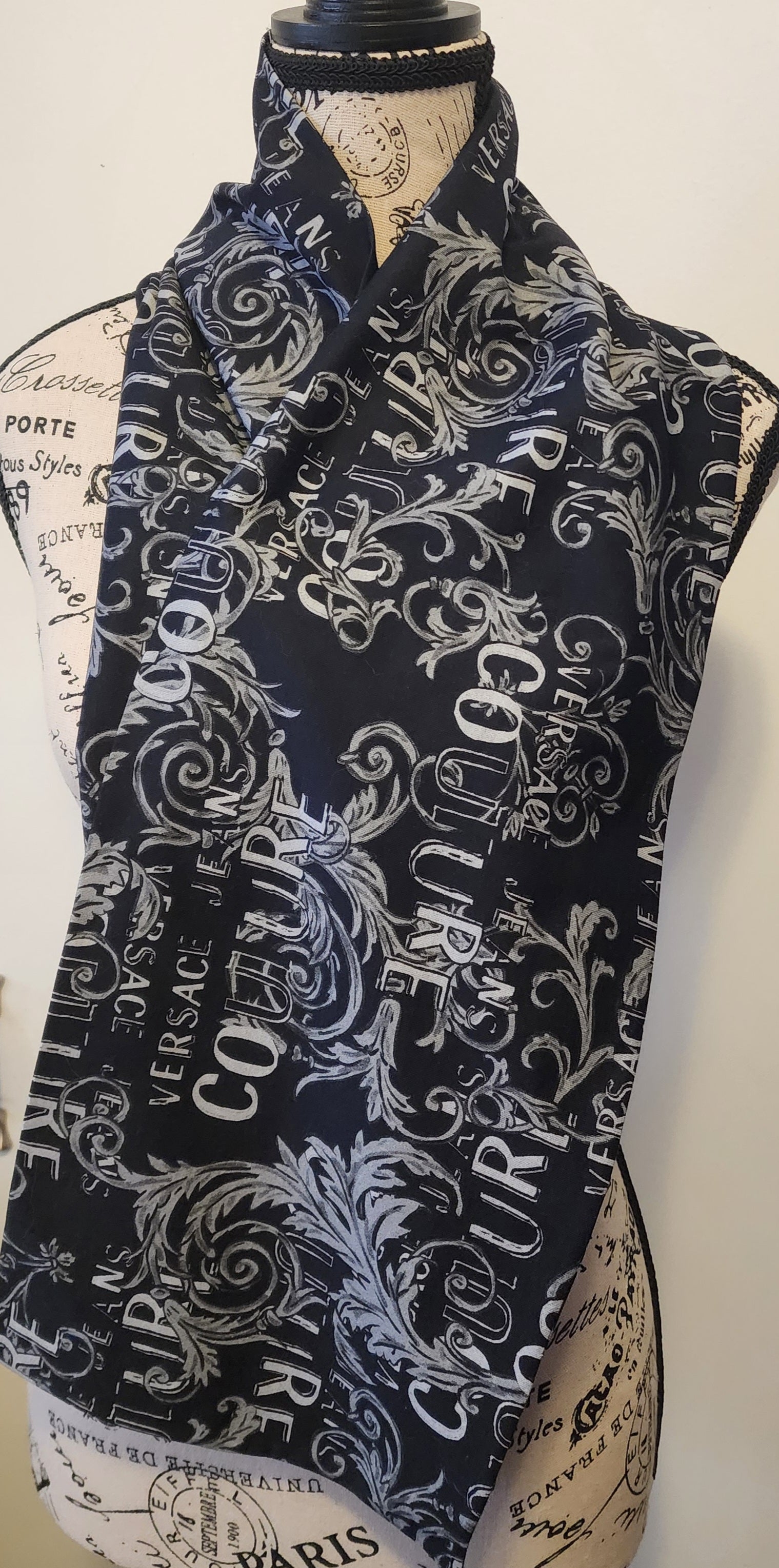 Versace Baroque scarf in black and grey cotton