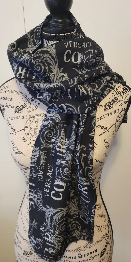 Versace Baroque scarf in black and grey cotton
