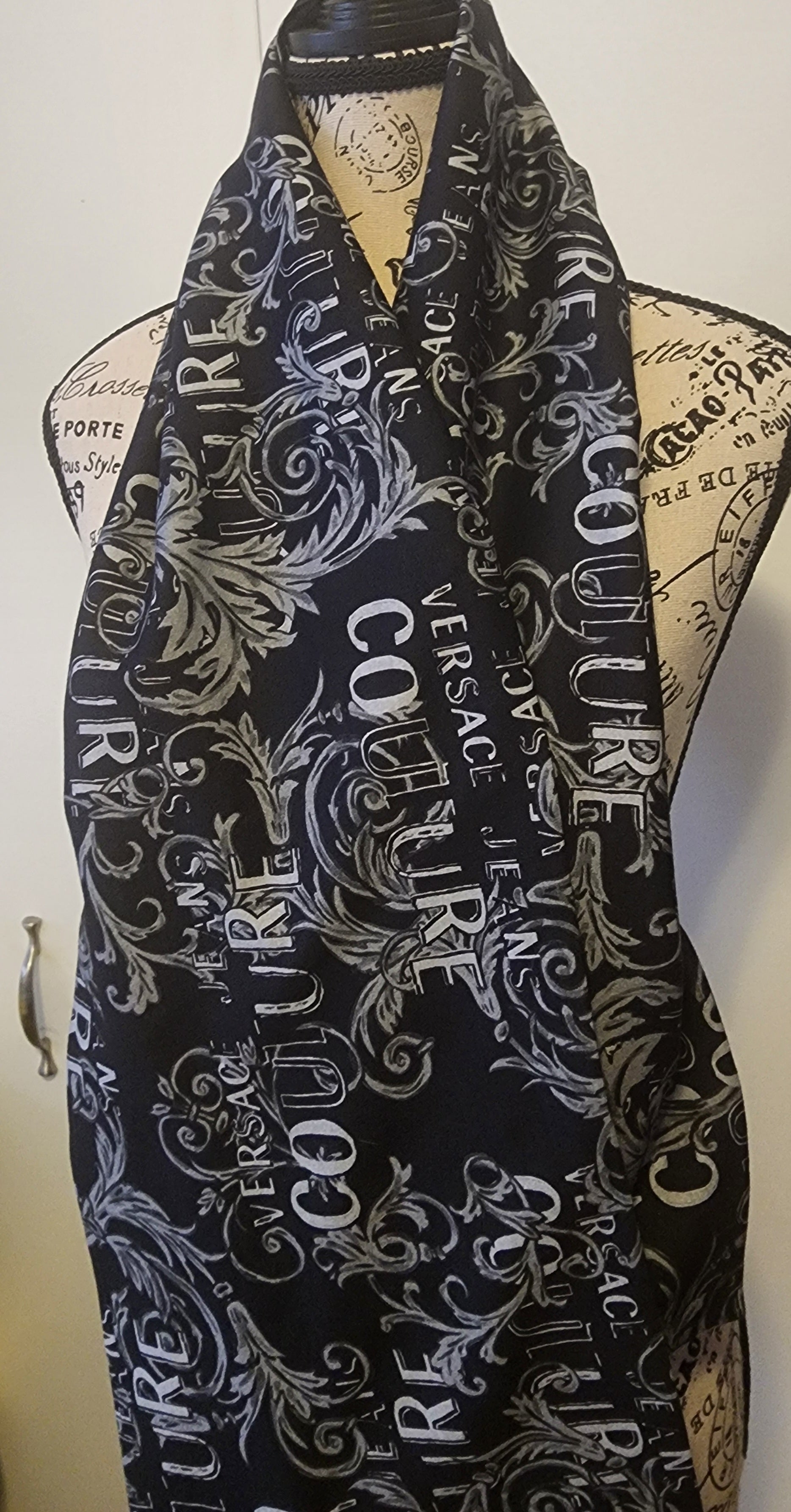 Versace Baroque scarf in black and grey cotton