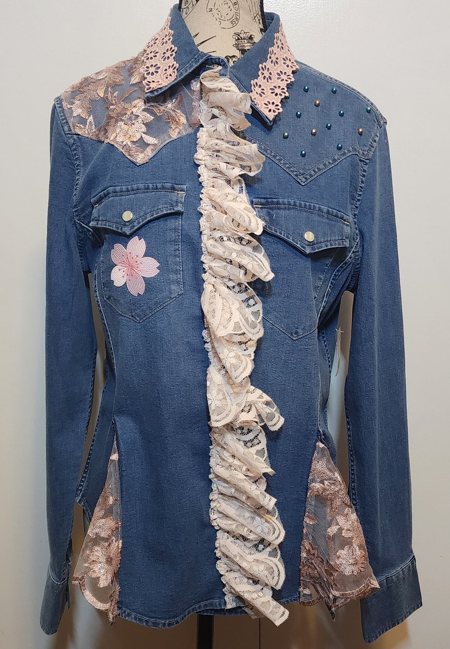 Denim Shirt - Embellished with embroidered applique- Blossom