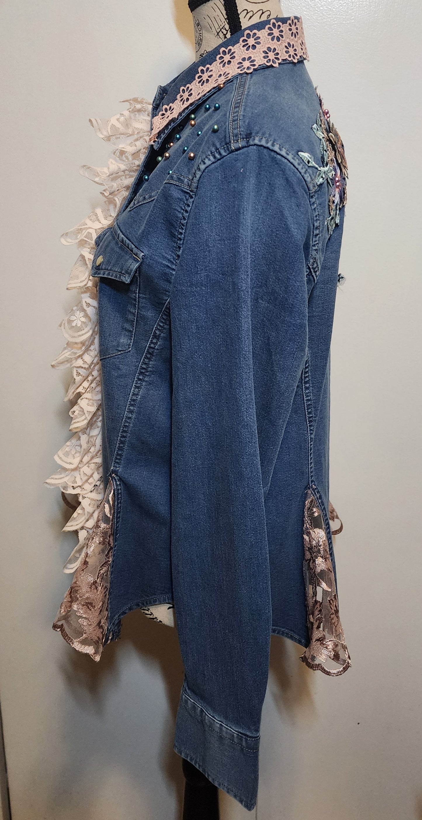 Denim Shirt - Embellished with embroidered applique- Blossom