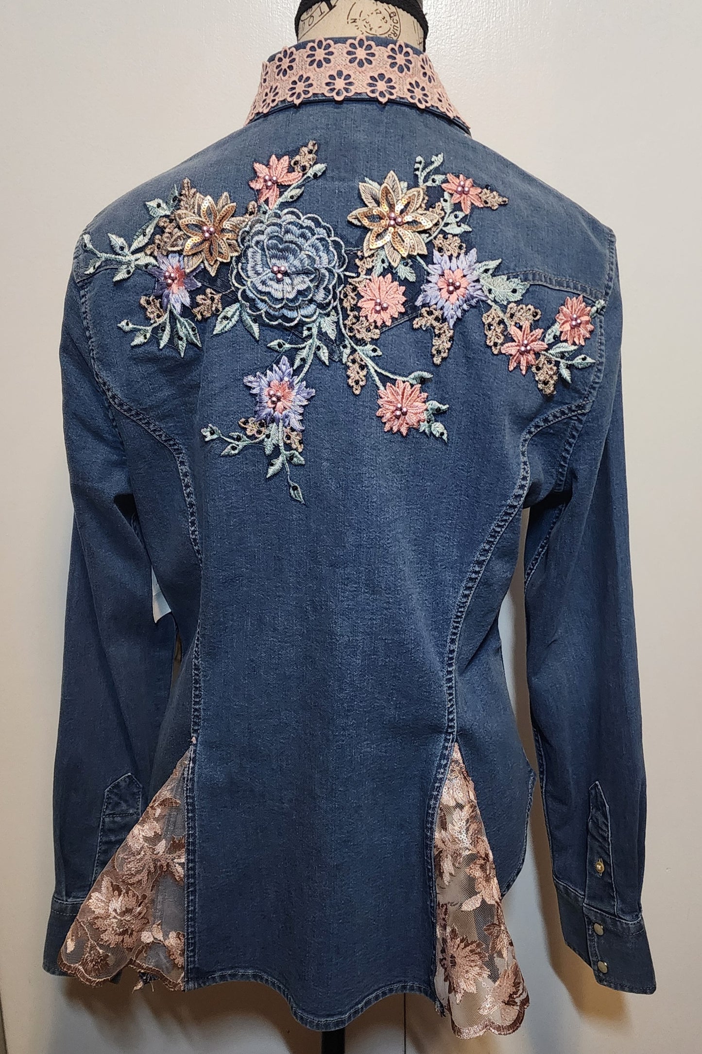 Denim Shirt - Embellished with embroidered applique- Blossom