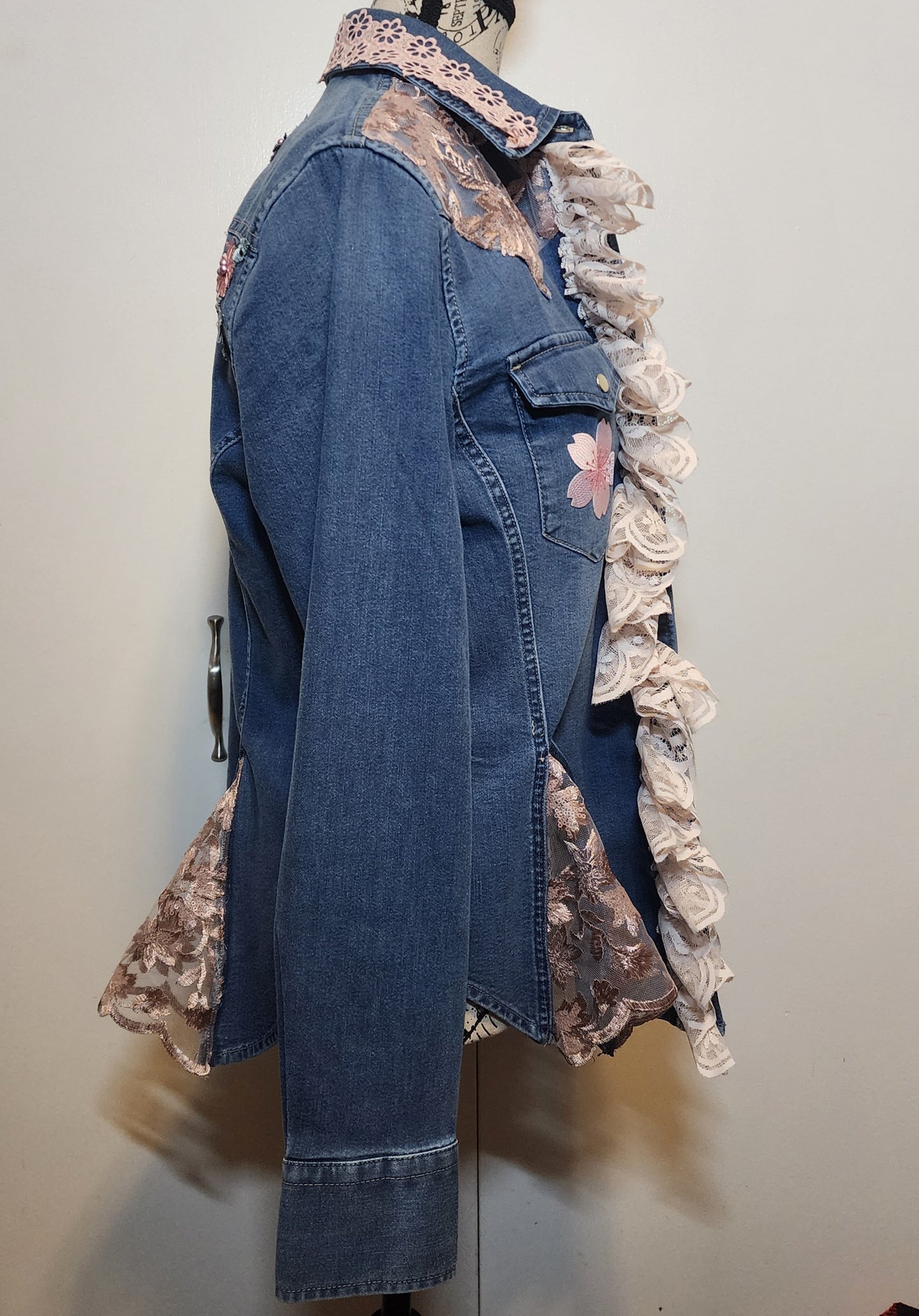 Denim Shirt - Embellished with embroidered applique- Blossom