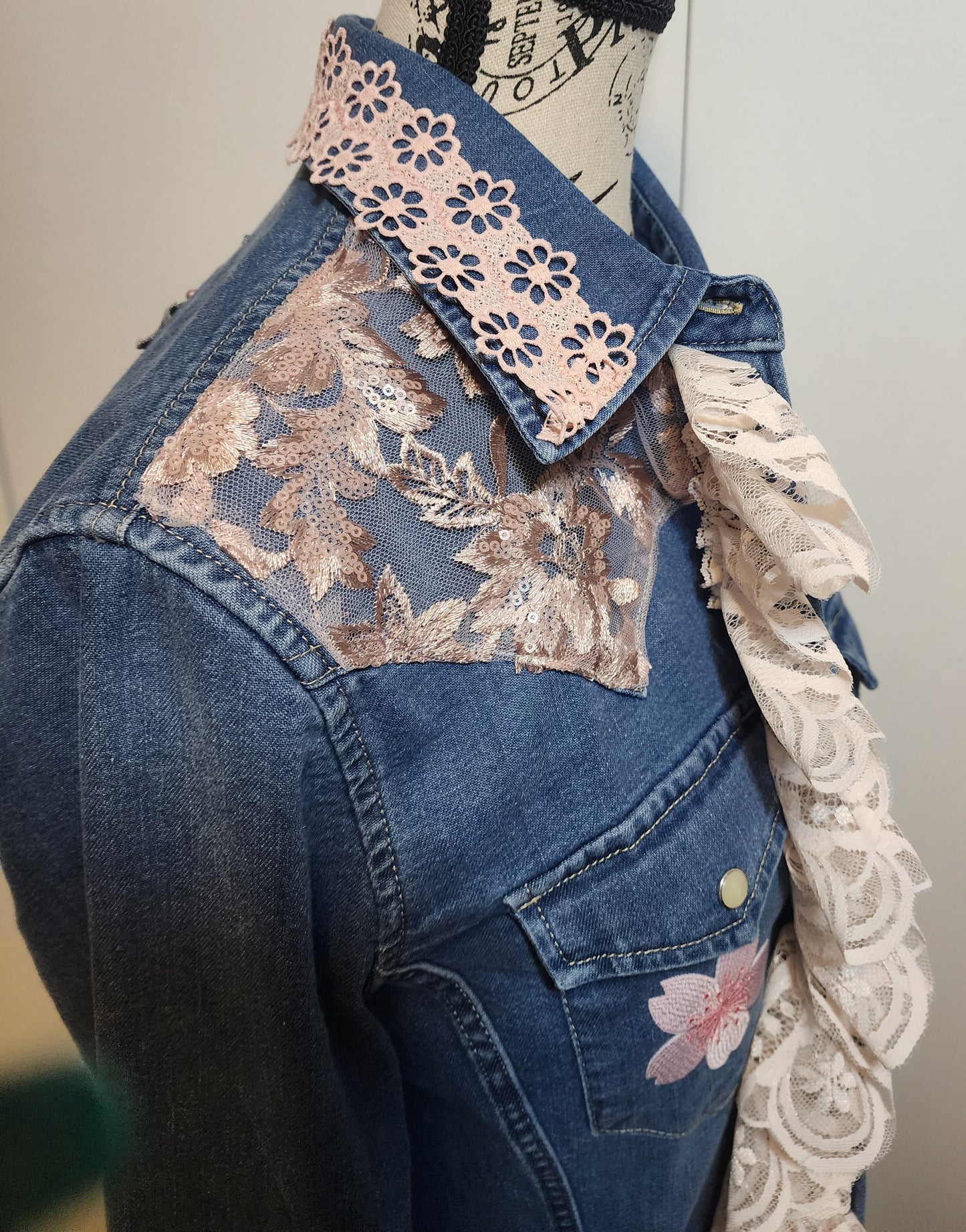 Denim Shirt - Embellished with embroidered applique- Blossom