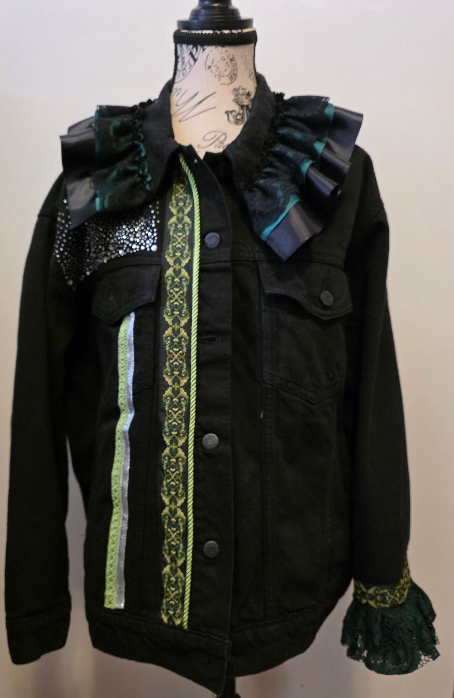 black denim jacket with Celtic ribbon and lace accents