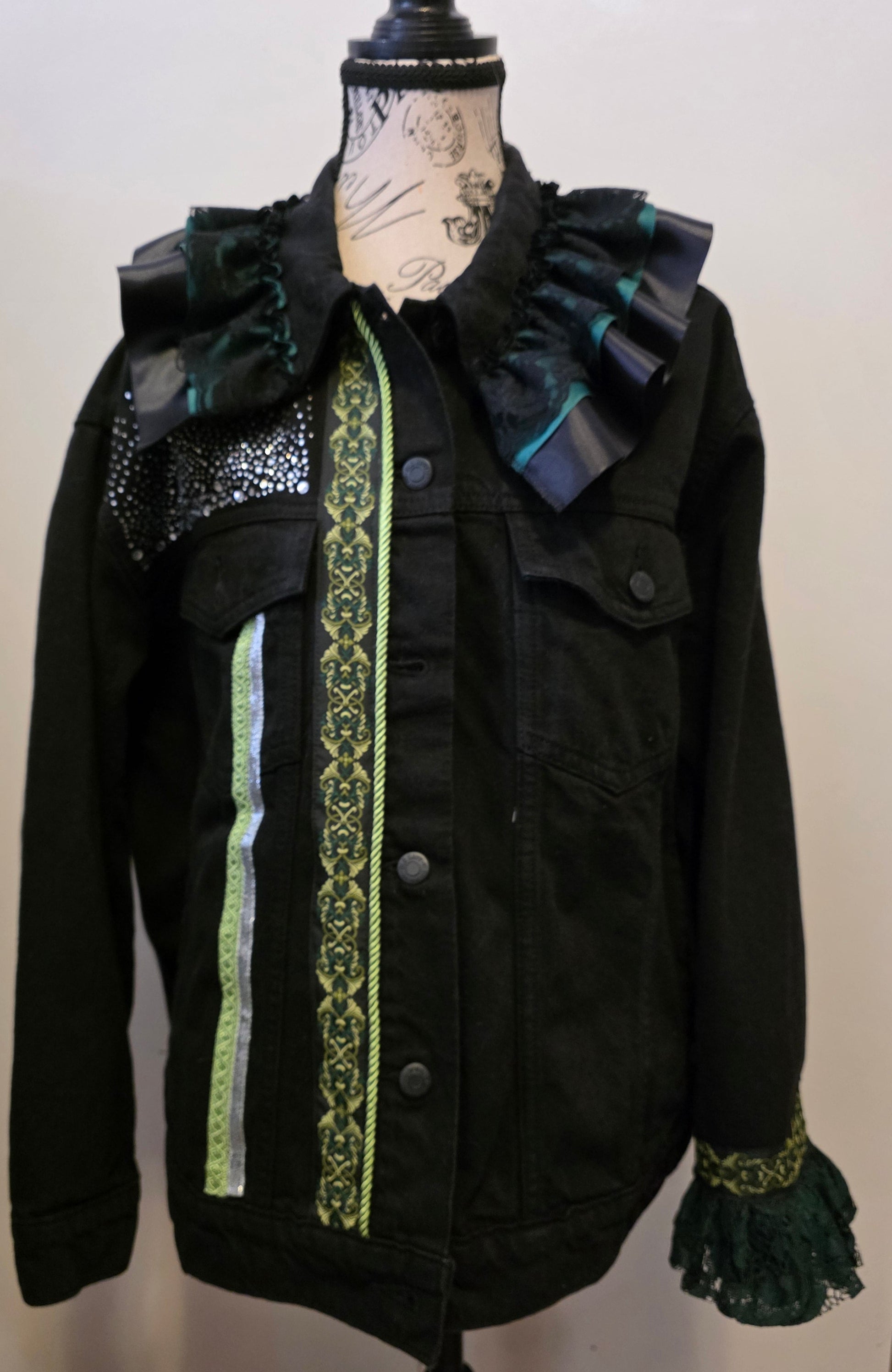 black denim jacket with Celtic ribbon and lace accents