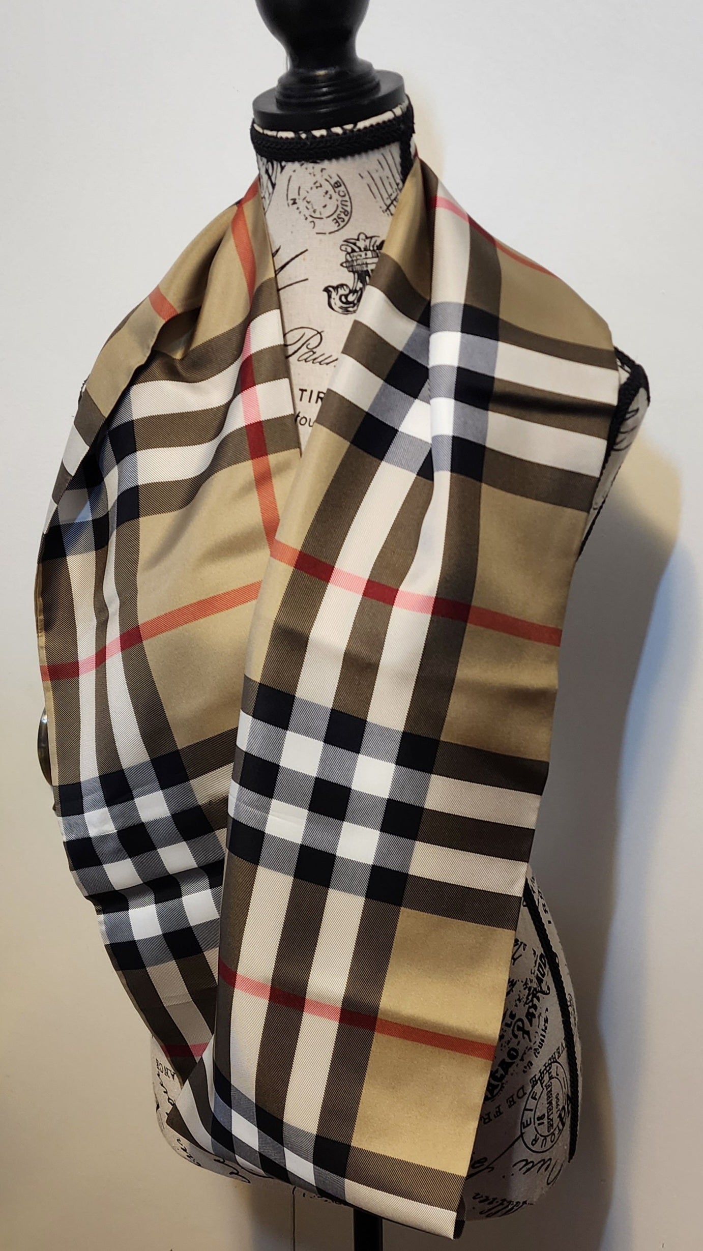 Silk Scarf Designer Tan Plaid