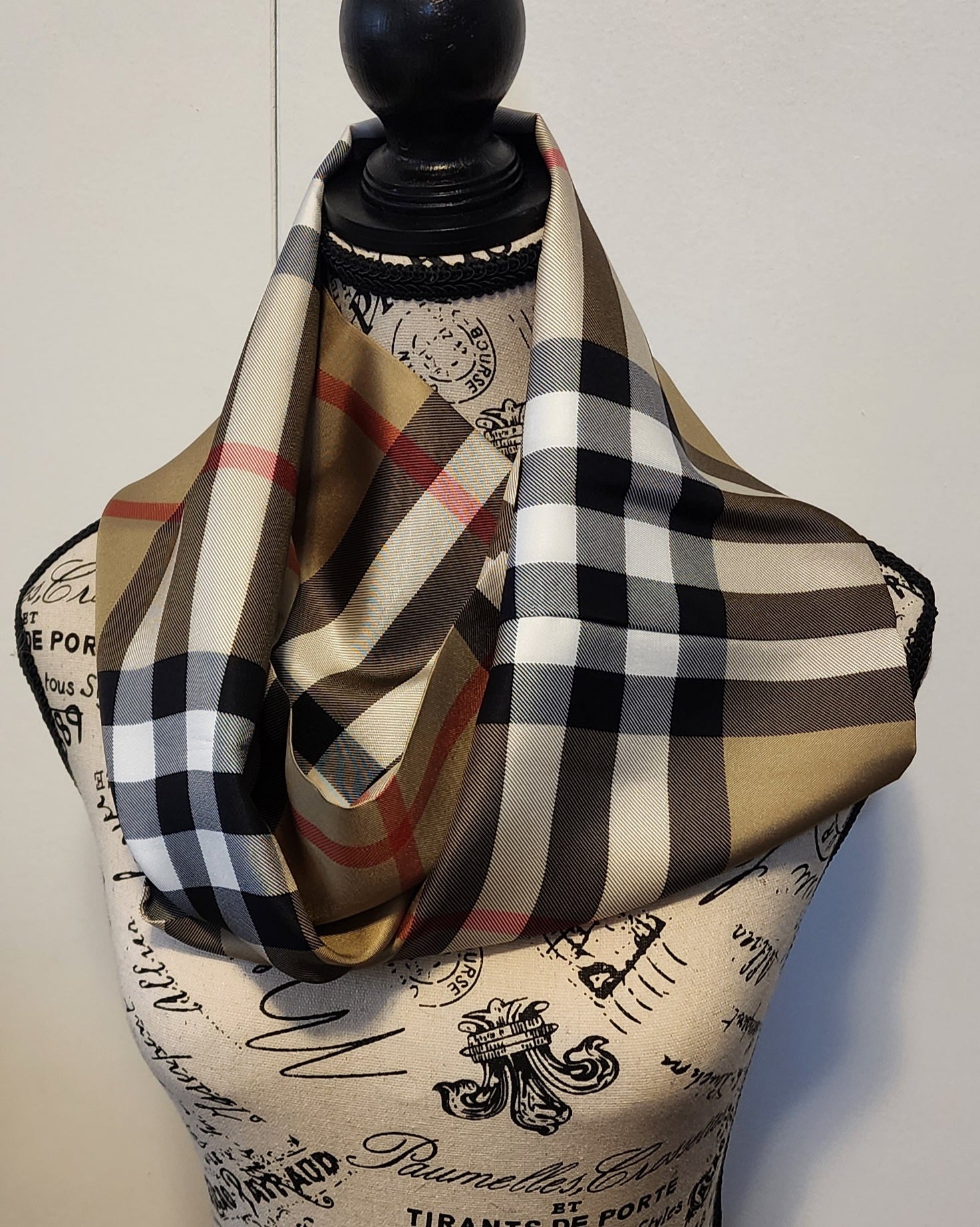 Burberry tan plaid silk infinity scarf wrapped twice