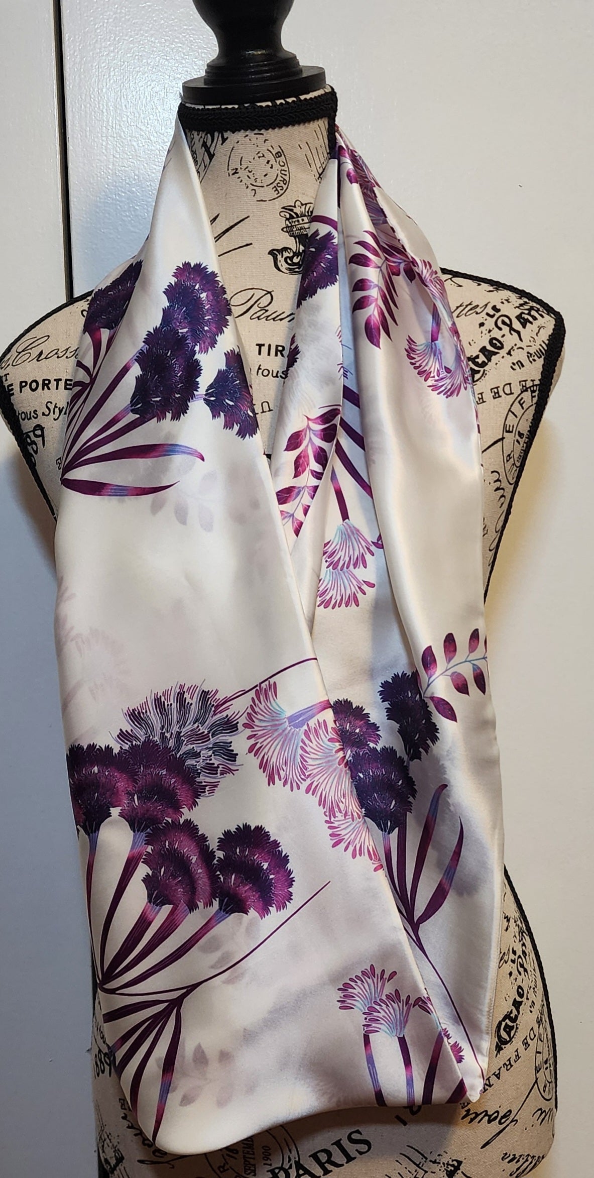 white and purple floral silk scarf