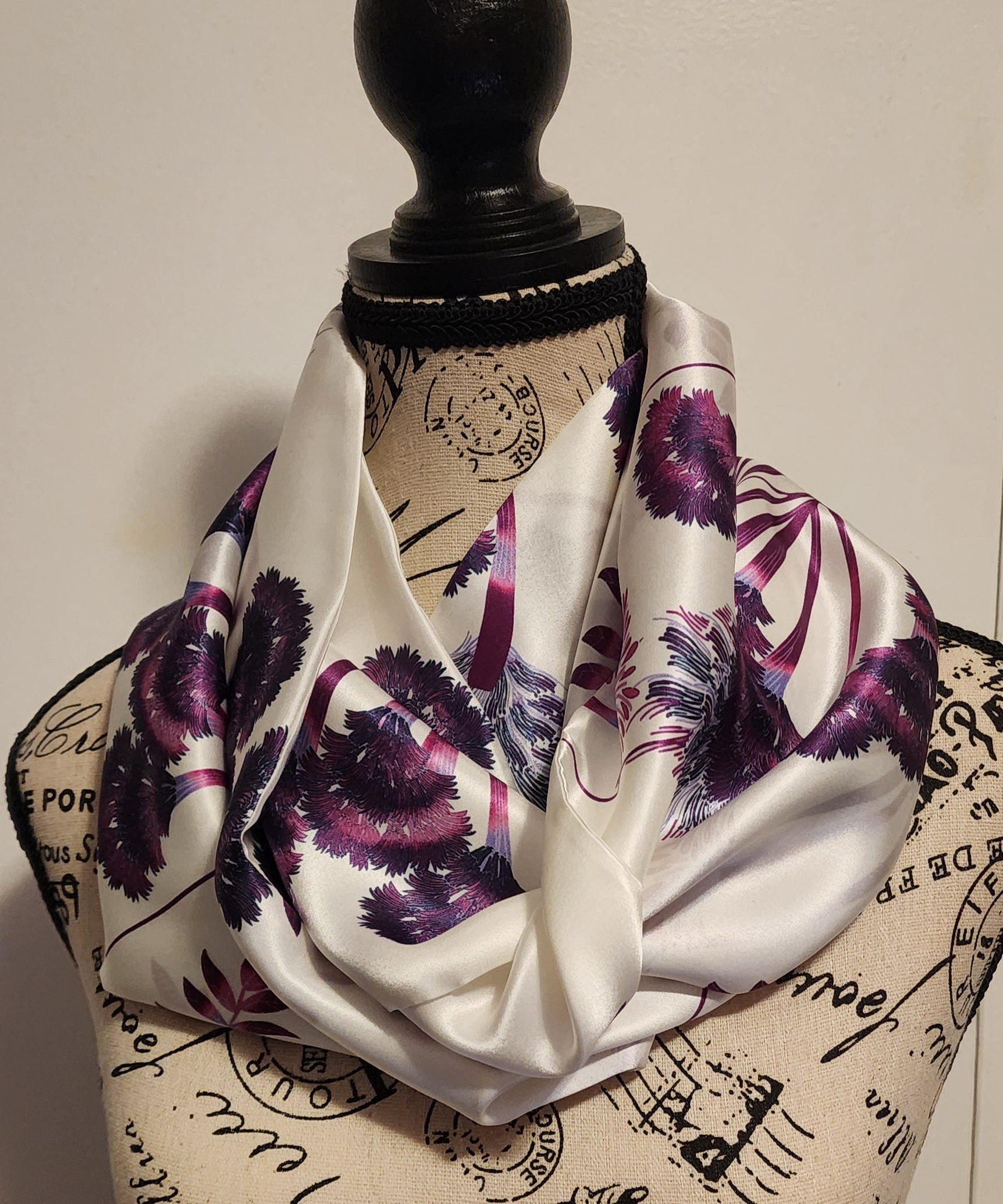 white and purple floral silk scarf