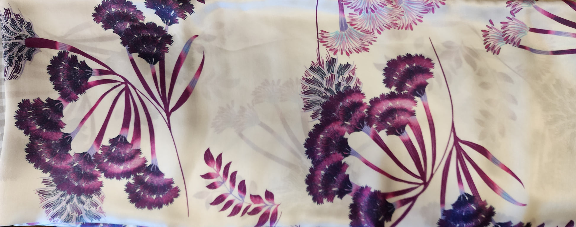 white and purple floral silk scarf