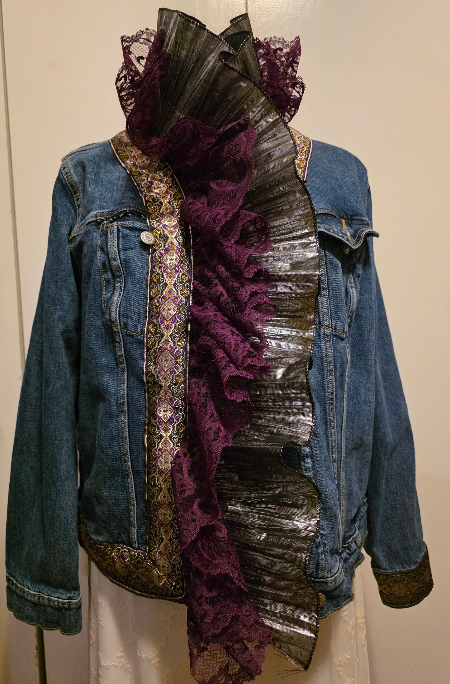 embellished, jean jacket, ruffles, lace silver ribbon