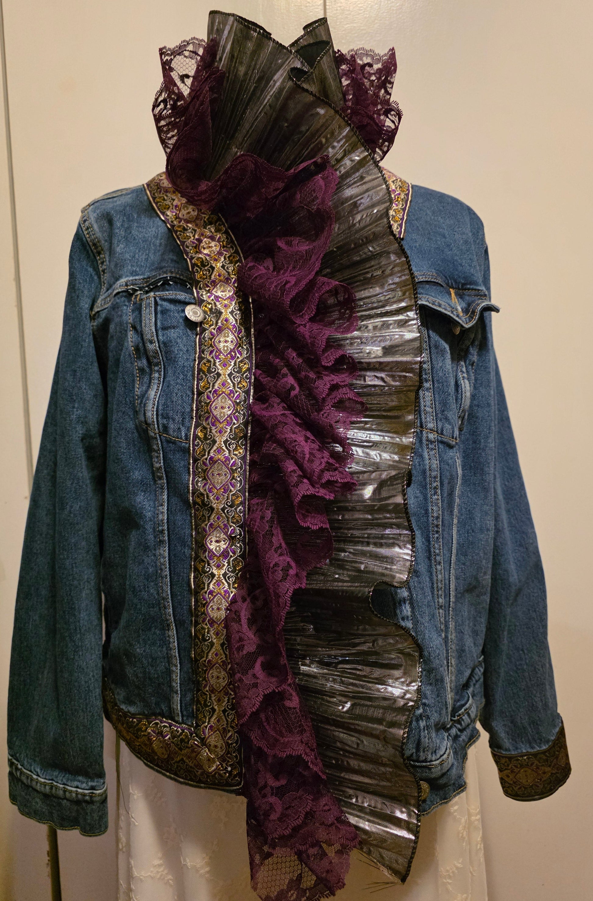 embellished, jean jacket, ruffles, lace silver ribbon