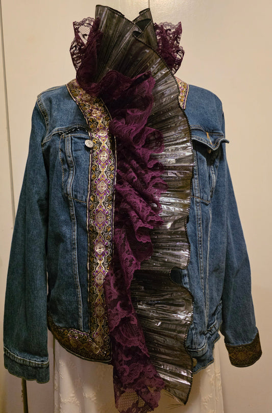 embellished, jean jacket, ruffles, lace silver ribbon